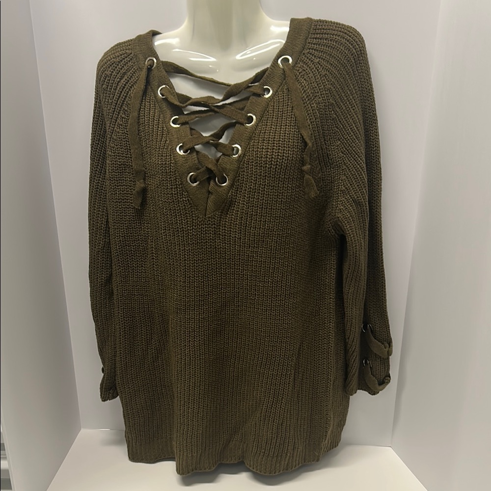 Military Hippie Brown Lace-Up Sweater